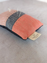 Load image into Gallery viewer, Hand pieced pin cushion - E - The Conscious Sewist - fabric scraps - tools
